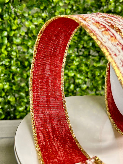 1.5 Inch By 10 Yard Cranberry Cream And Gold Glitter Metallic Streaks Ribbon