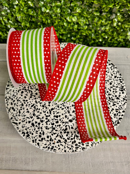 2.5 Inch By 10 Yard Red And Lime Green Vertical Stripe Polka Dot Edge Ribbon