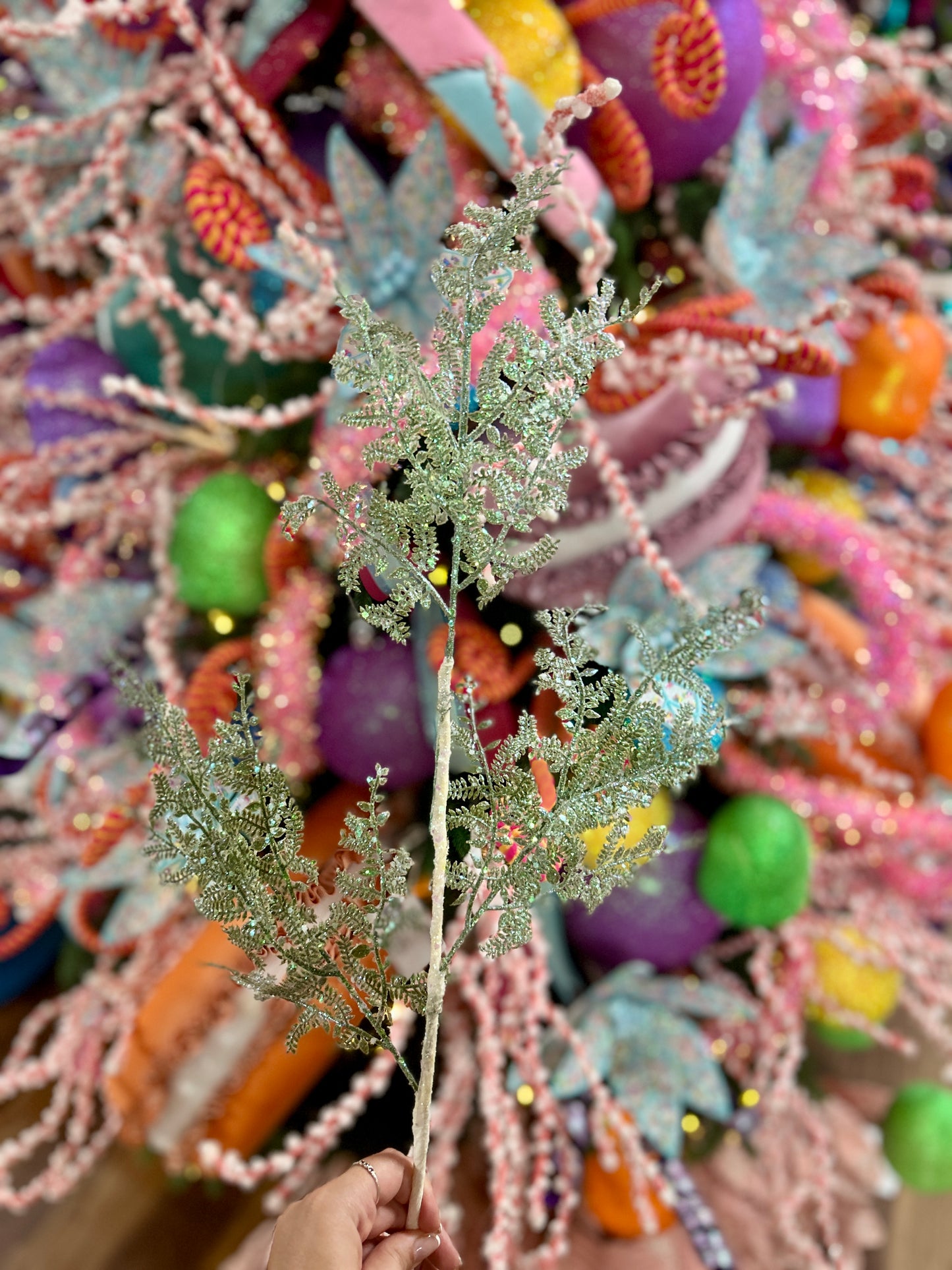 29 Inch Aqua Iridescent Glittered Fern Spray