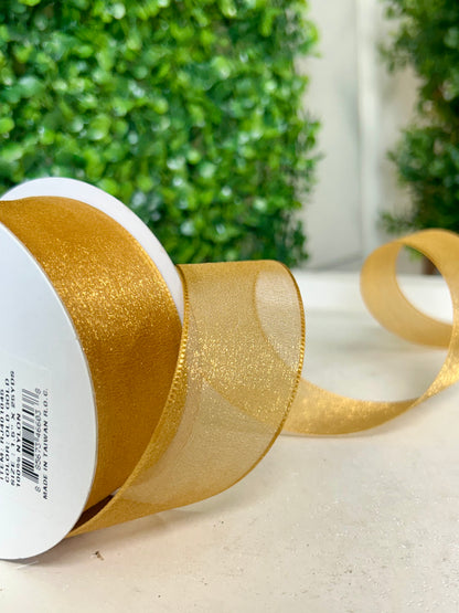 1.5 Inch By 25 Yard Old Gold Snow Organza Unwired Ribbon