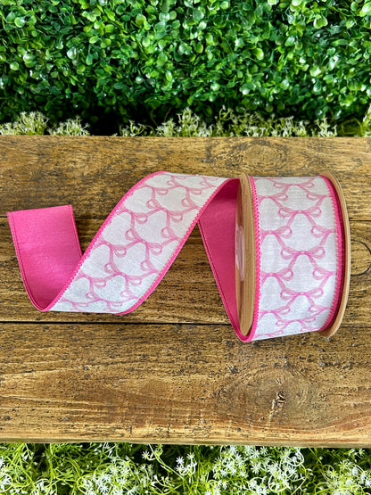 2.5 Inch By 10 Yard Pink Bows On White Dupioni Ribbon