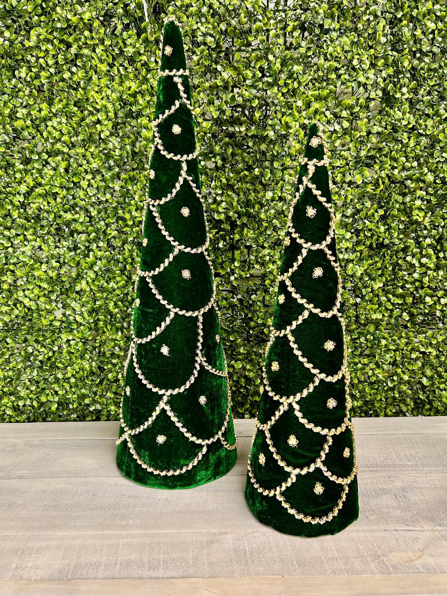 Set Of Two 18 And 24 Inch Emerald Green Jeweled Scalloped Velvet Cone Tree