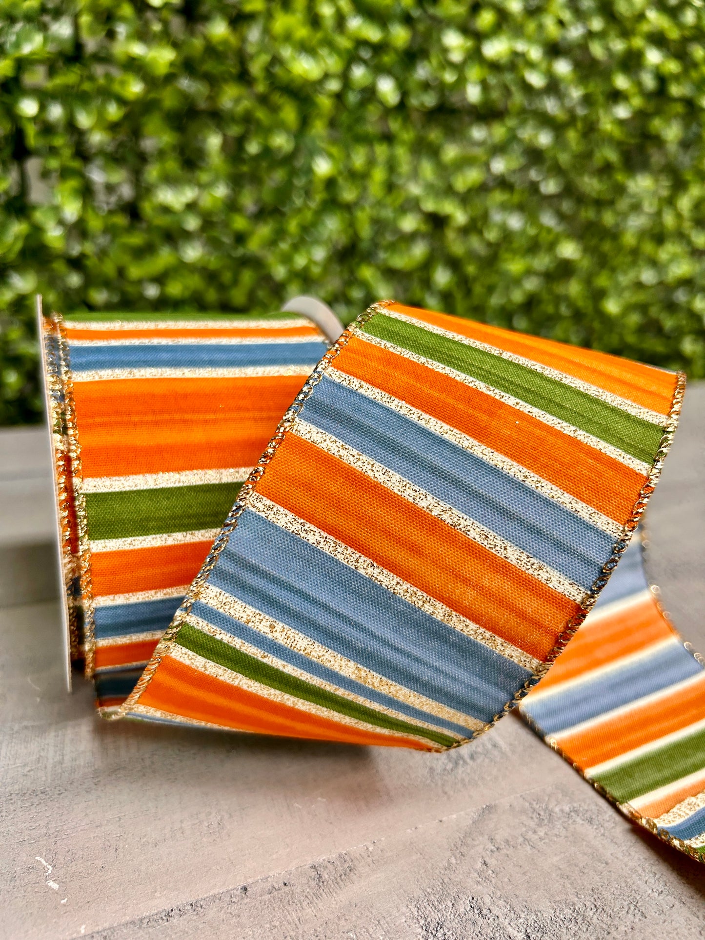 2.5 Inch By 10 Yard Rust Moss Blue Painted Stripes Ribbon
