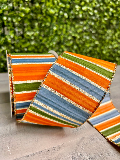 2.5 Inch By 10 Yard Rust Moss Blue Painted Stripes Ribbon