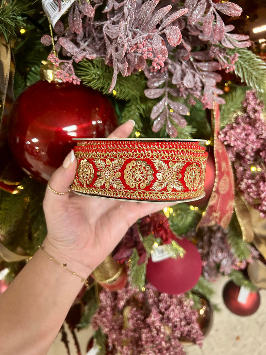 1.5 Inch By 5 Yard Red  And Gold Jewel Trim Velvet Ribbon