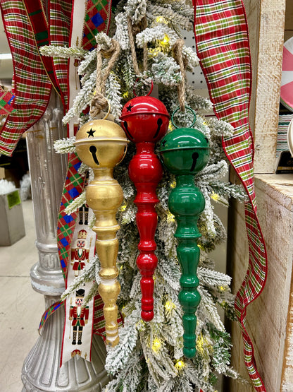 13 Inch Metal Red Green And Gold Bell Top Ornament Three Styles