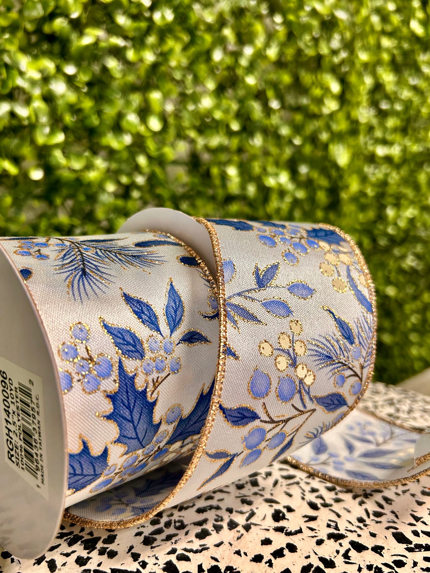 2.5 Inch By 10 Yard Champagne And Blue Holly Berry Pine Ribbon