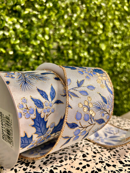 2.5 Inch By 10 Yard Champagne And Blue Holly Berry Pine Ribbon