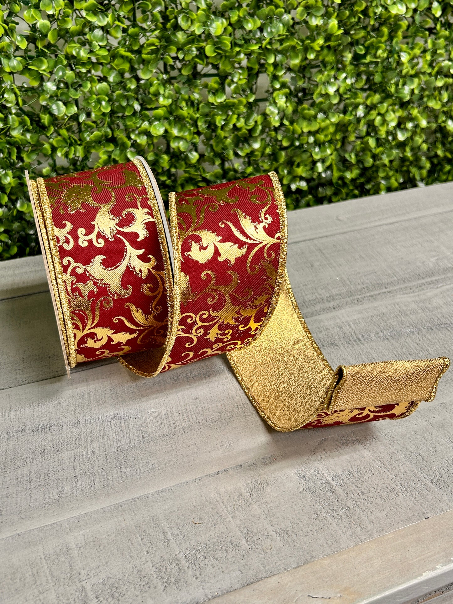 2.5 Inch By 10 Yard Wine And Gold Metallic Foil Swirl Leaf Fused Ribbon
