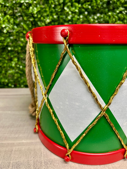 8 Inch Red Green And White Drum Ornament