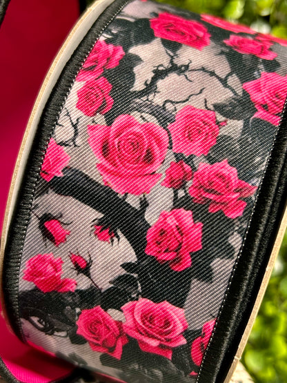 2.5 Inch By 10 Yard Hot Pink Grey And Black Roses And Vines Fused Ribbon