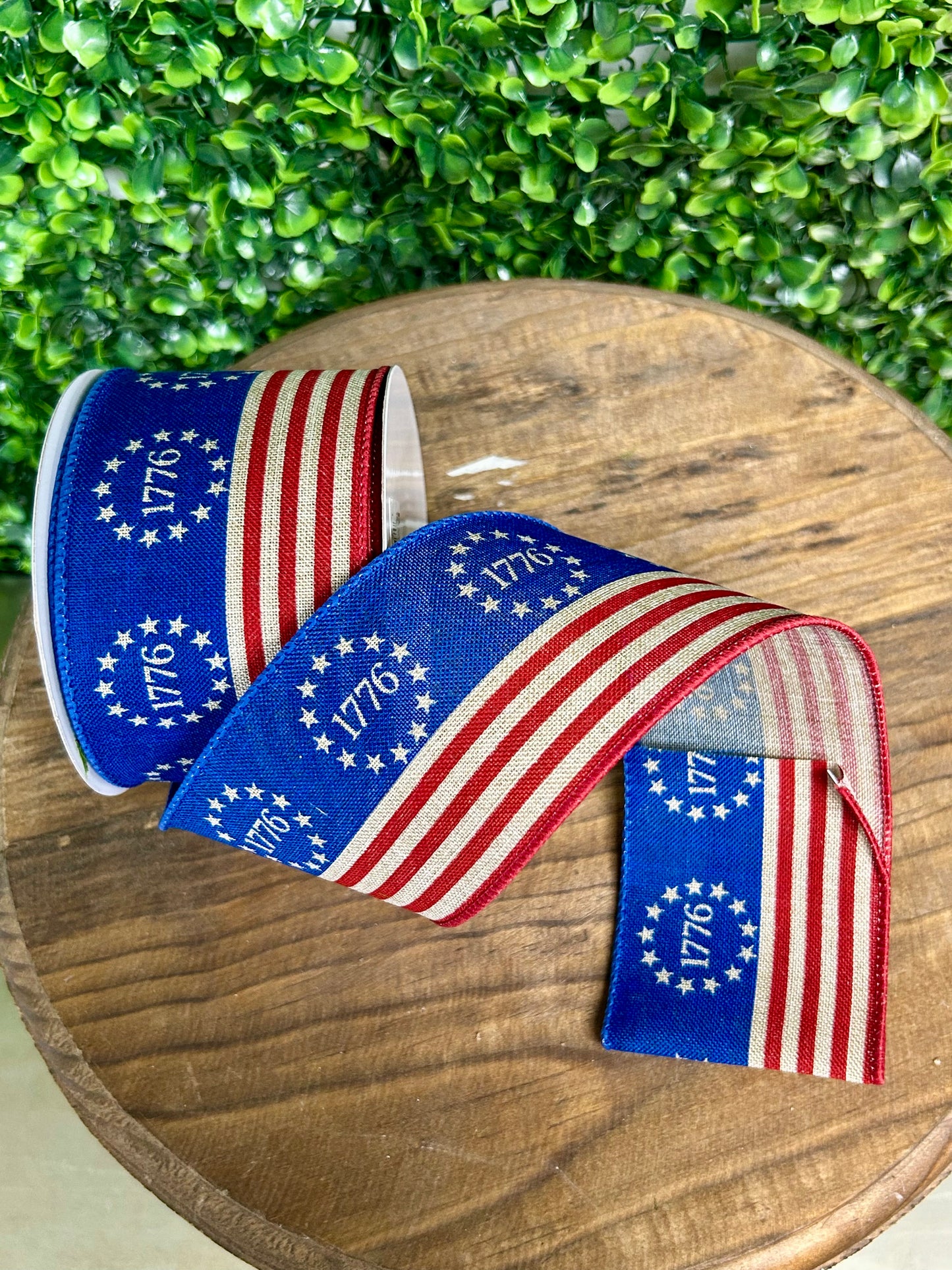 2.5 Inch By 10 Yard Natural Red And Blue 1776 Stars And Stripes Ribbon