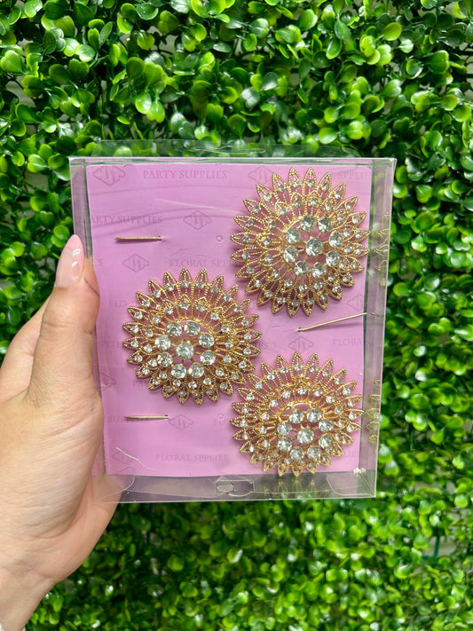 2.75 Inch Gold Rhinestone Floral Pin Three Pack