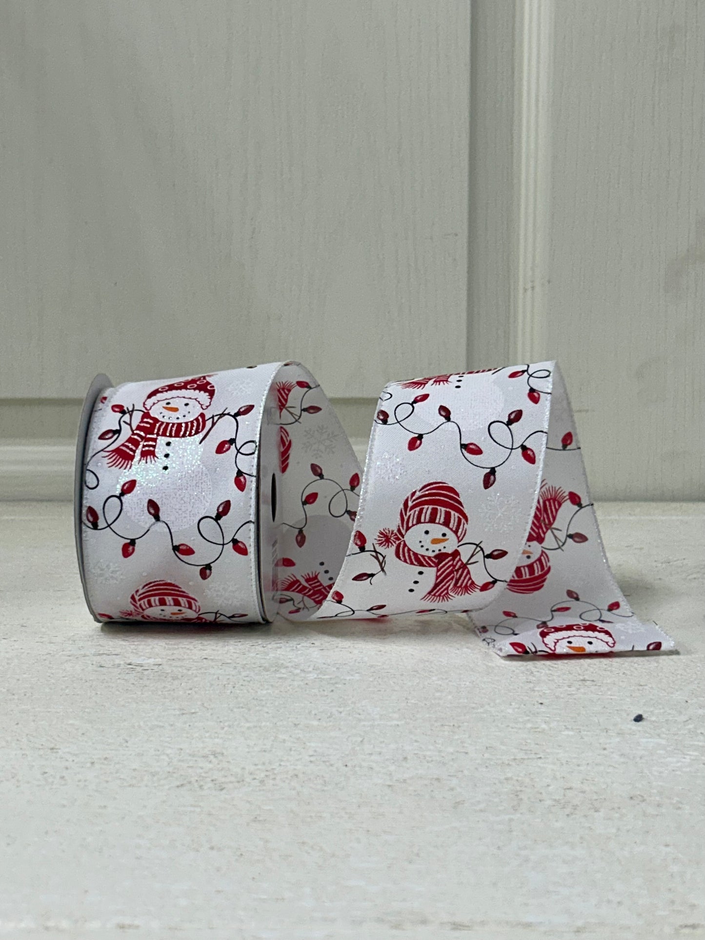 2.5 Inch By 10 Yard Red Snowman With Scarf And Christmas Lights