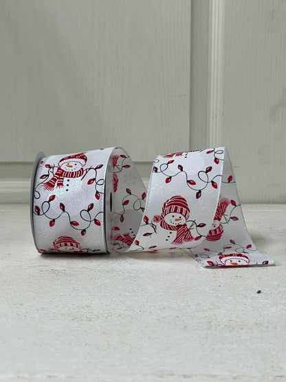 2.5 Inch By 10 Yard Red Snowman With Scarf And Christmas Lights