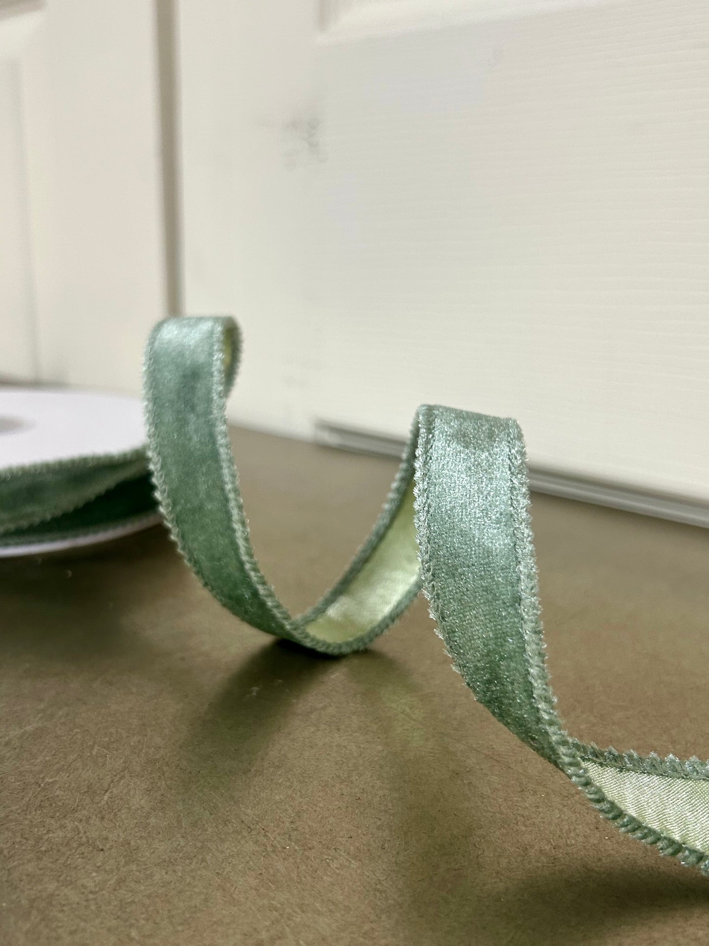 7/8 Inch By 10 Yard Sage Green Deluxe Velvet With Satin Backing Ribbon