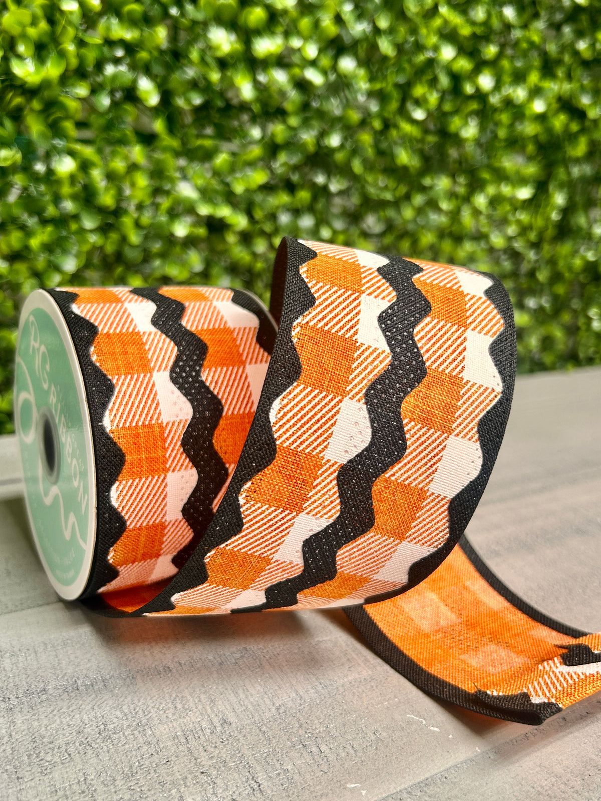 2.5 Inch By 10 Yard Orange Black And White Royal Burlap Ric Rac On Plaid Ribbon