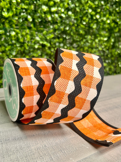 2.5 Inch By 10 Yard Orange Black And White Royal Burlap Ric Rac On Plaid Ribbon