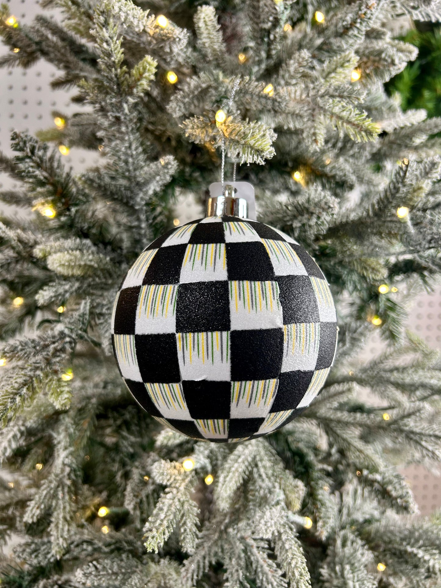5 Inch Black And White Check Glitter Ornament
