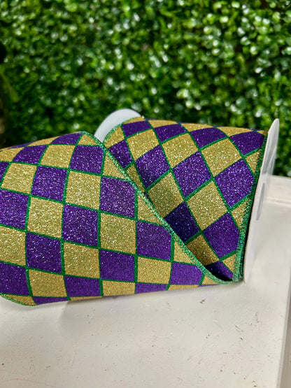 4 Inch By 10 Yard Mardi Gras Glitter Harlequin Ribbon