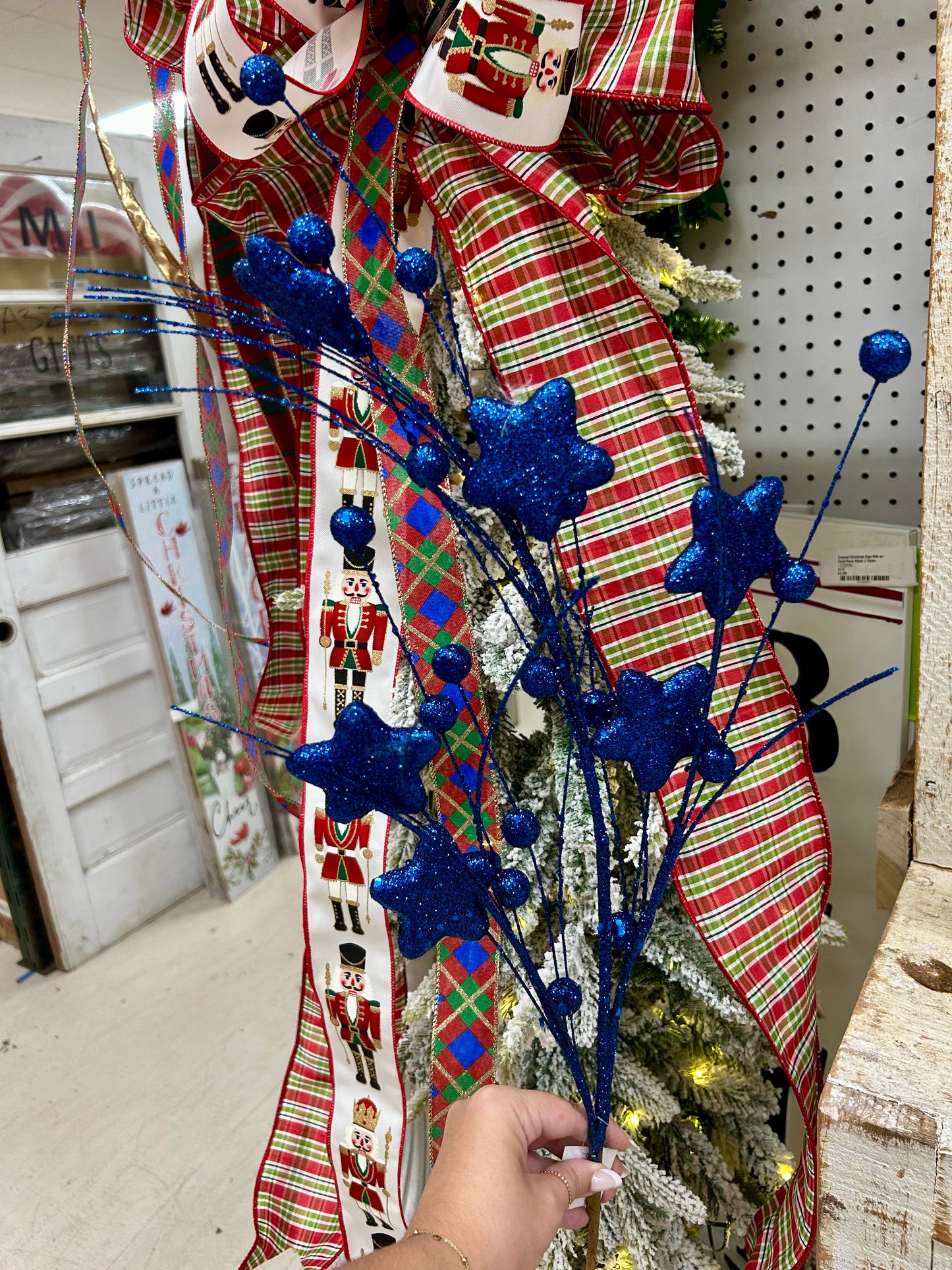 34 Inch Dark Blue Glitter Star Berry Pine Spray