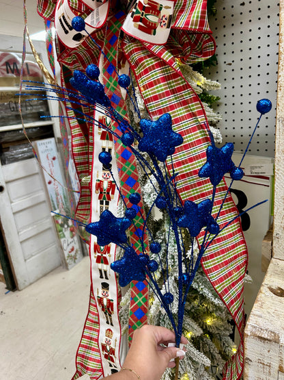 34 Inch Dark Blue Glitter Star Berry Pine Spray