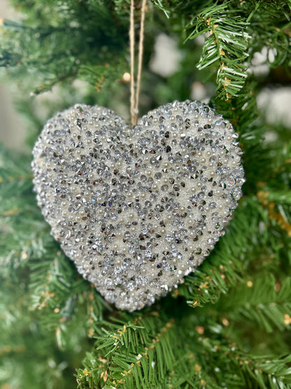 6 Inch Silver And White Beaded Heart Ornament