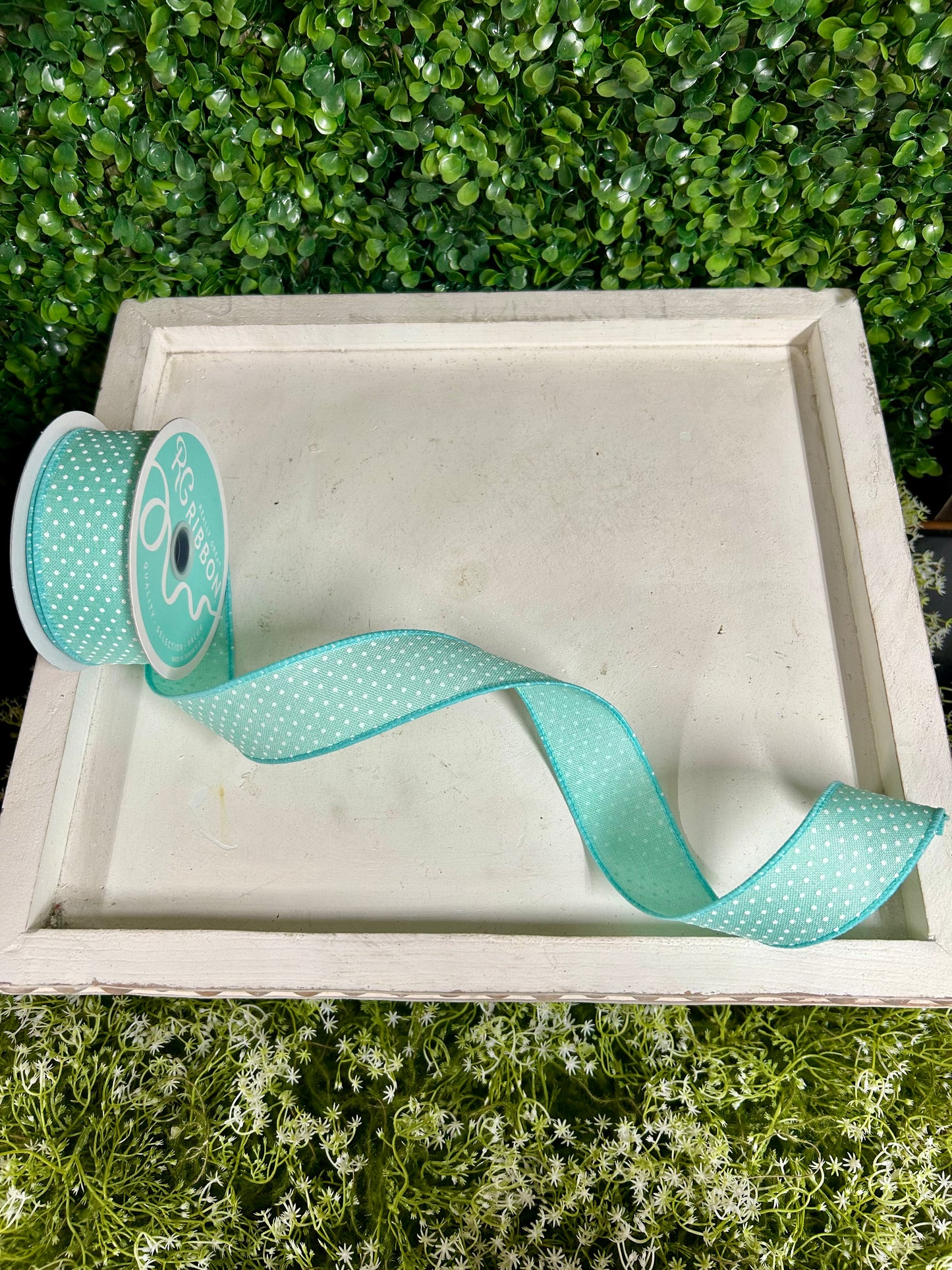 1.5 Inch By 10 Yard Mint Green And White Raised Swiss Dots On Royal Ribbon
