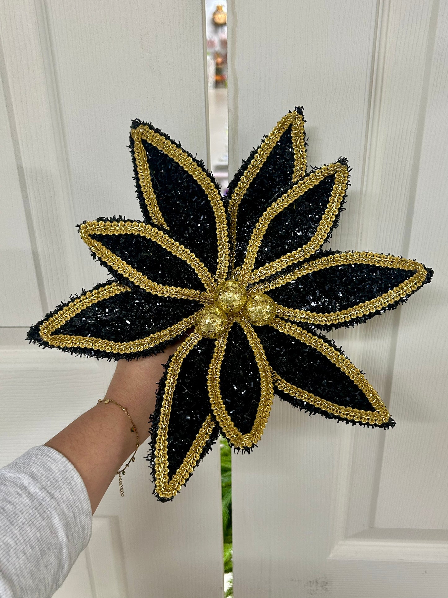 14 Inch Black And Gold Glitter And Lace Edge Poinsettia Pick