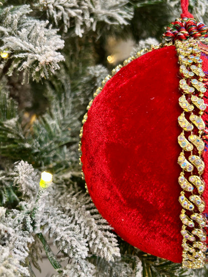 6 Inch Diamond Plaid Velvet Ball Ornament