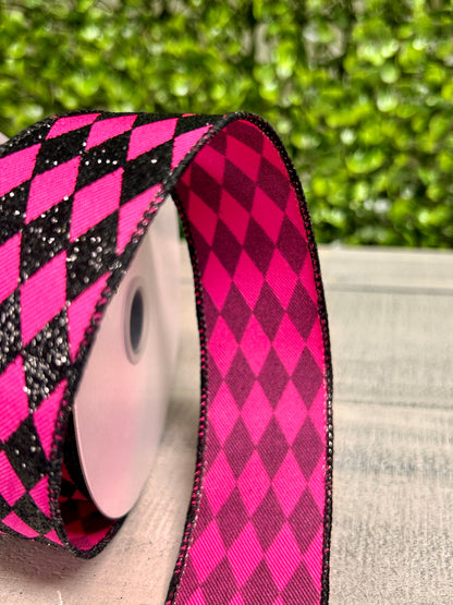 1.5 Inch By 10 Yard Fuchsia And Black Glitter Harlequin Ribbon