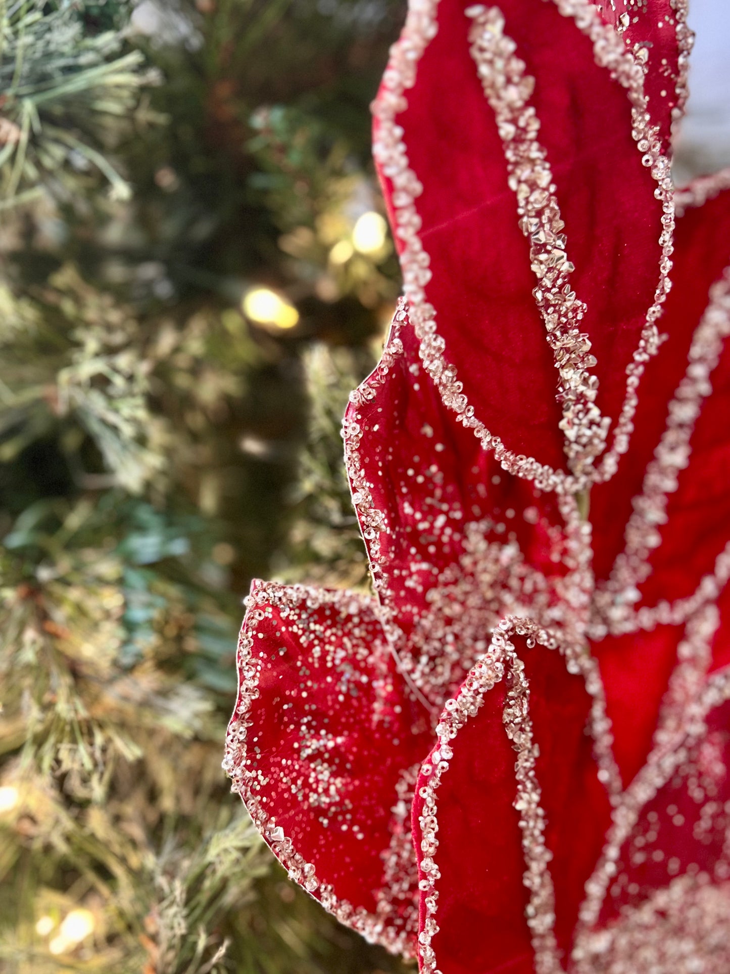 27.5 Red And Champagne Metallic Velvet Magnolia Leaf Spray