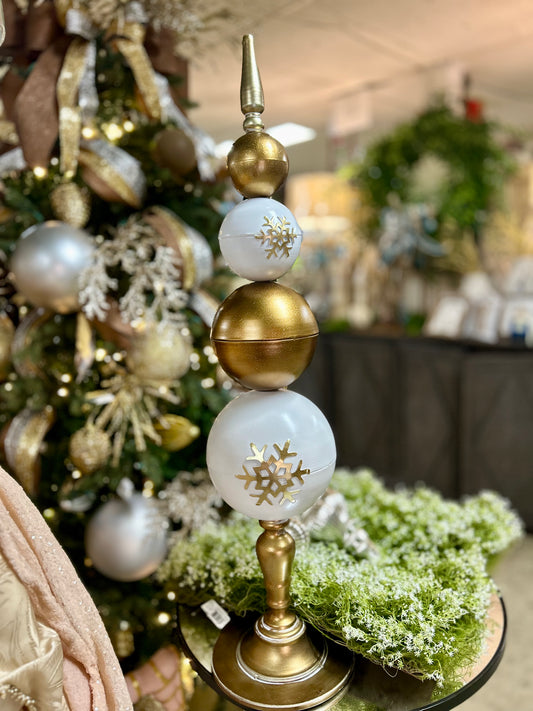Large Metal Gold And White Snowflake Topiary Stand
