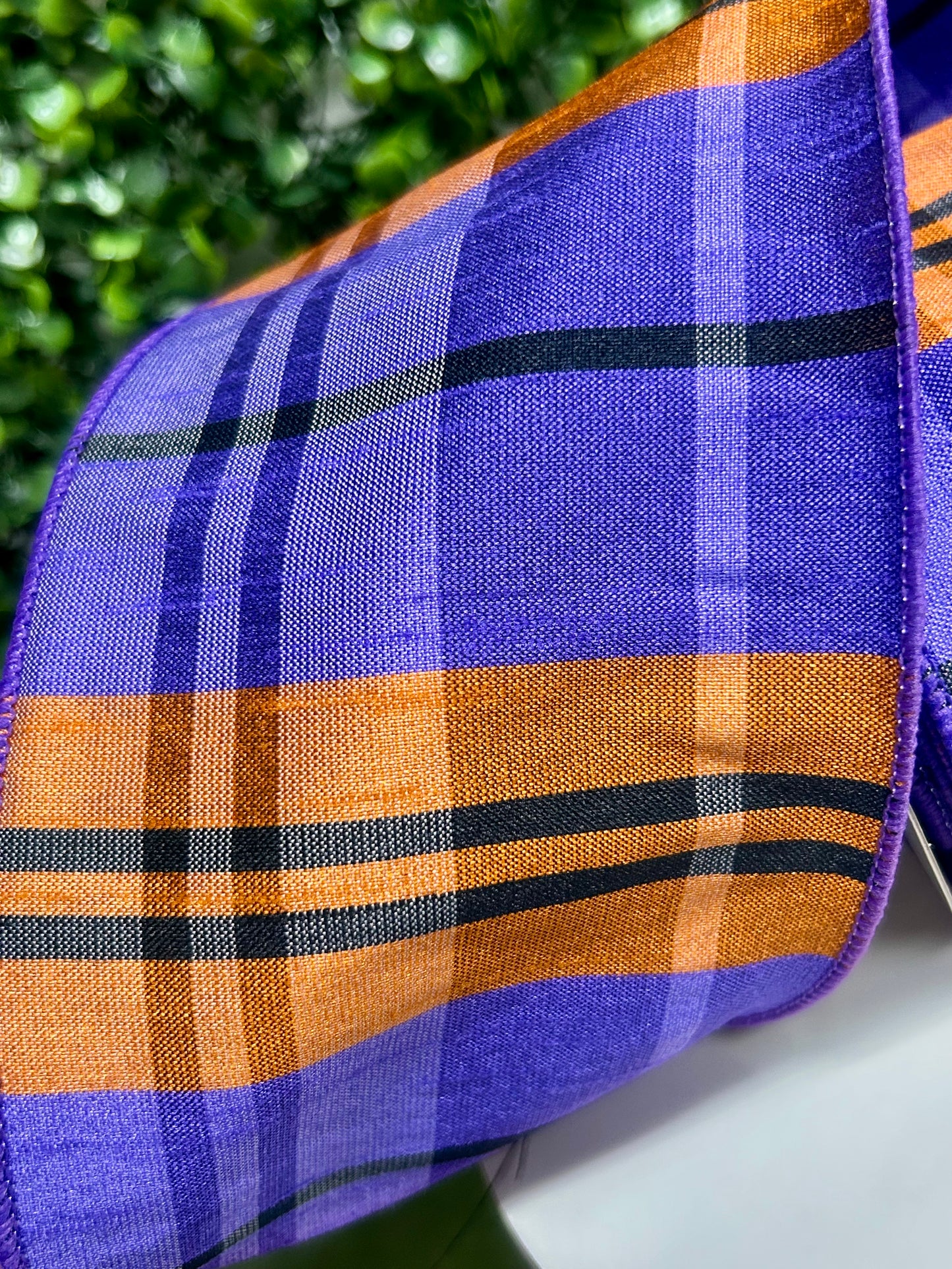 4 Inch By 10 Yard Purple Orange And Black Plaid Faux Dupioni Ribbon