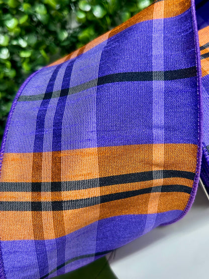 4 Inch By 10 Yard Purple Orange And Black Plaid Faux Dupioni Ribbon