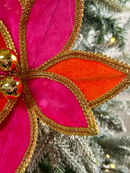 14 Inch Hot Pink Orange And Gold Velvet Poinsettia Pick With Lace Edge