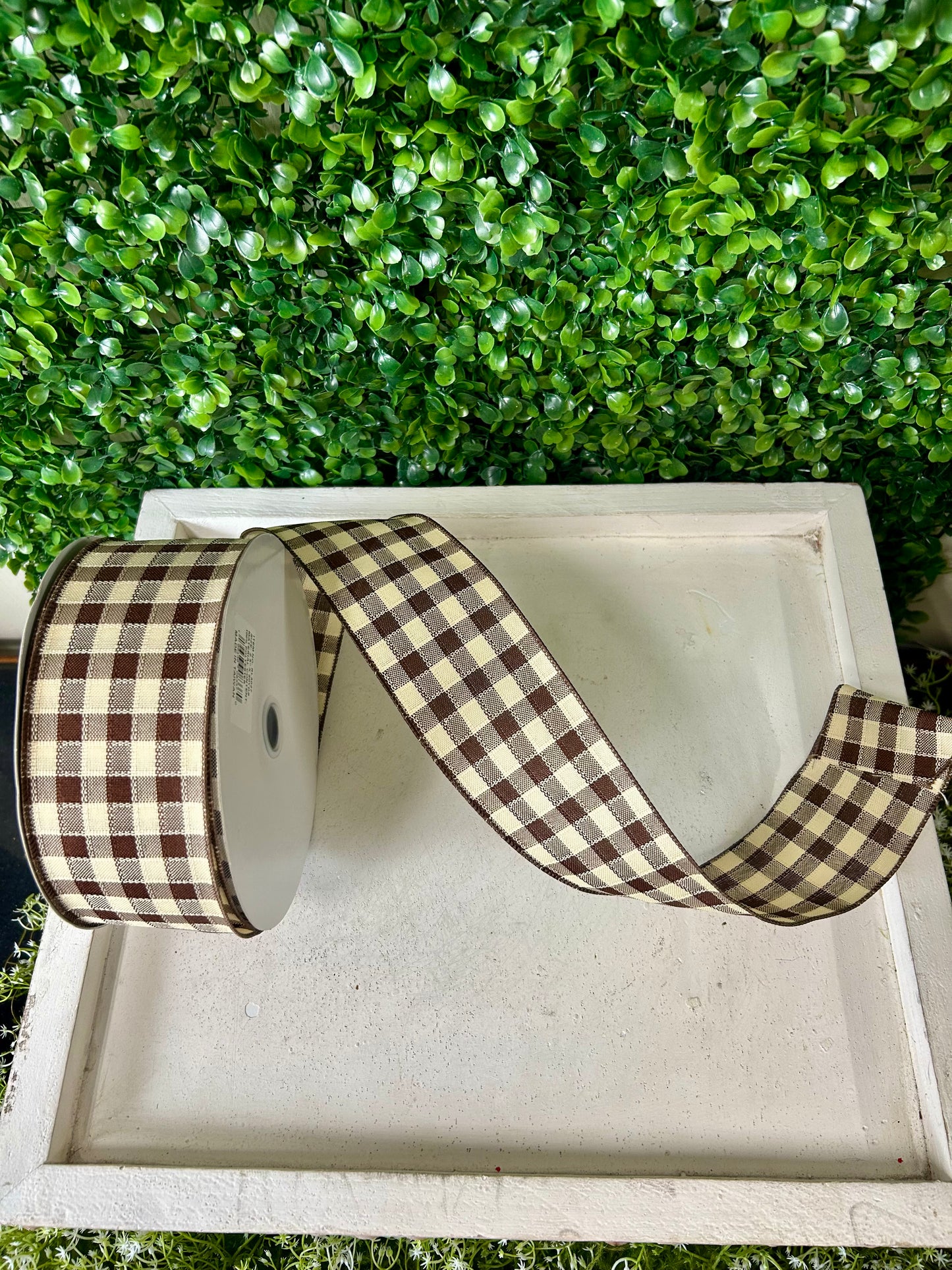 2.5 Inch By 50 Yard Brown And Cream Woven Small Check Ribbon