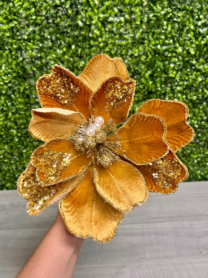 22 Inch Gold Glitter Sequin And Bead Magnolia Spray