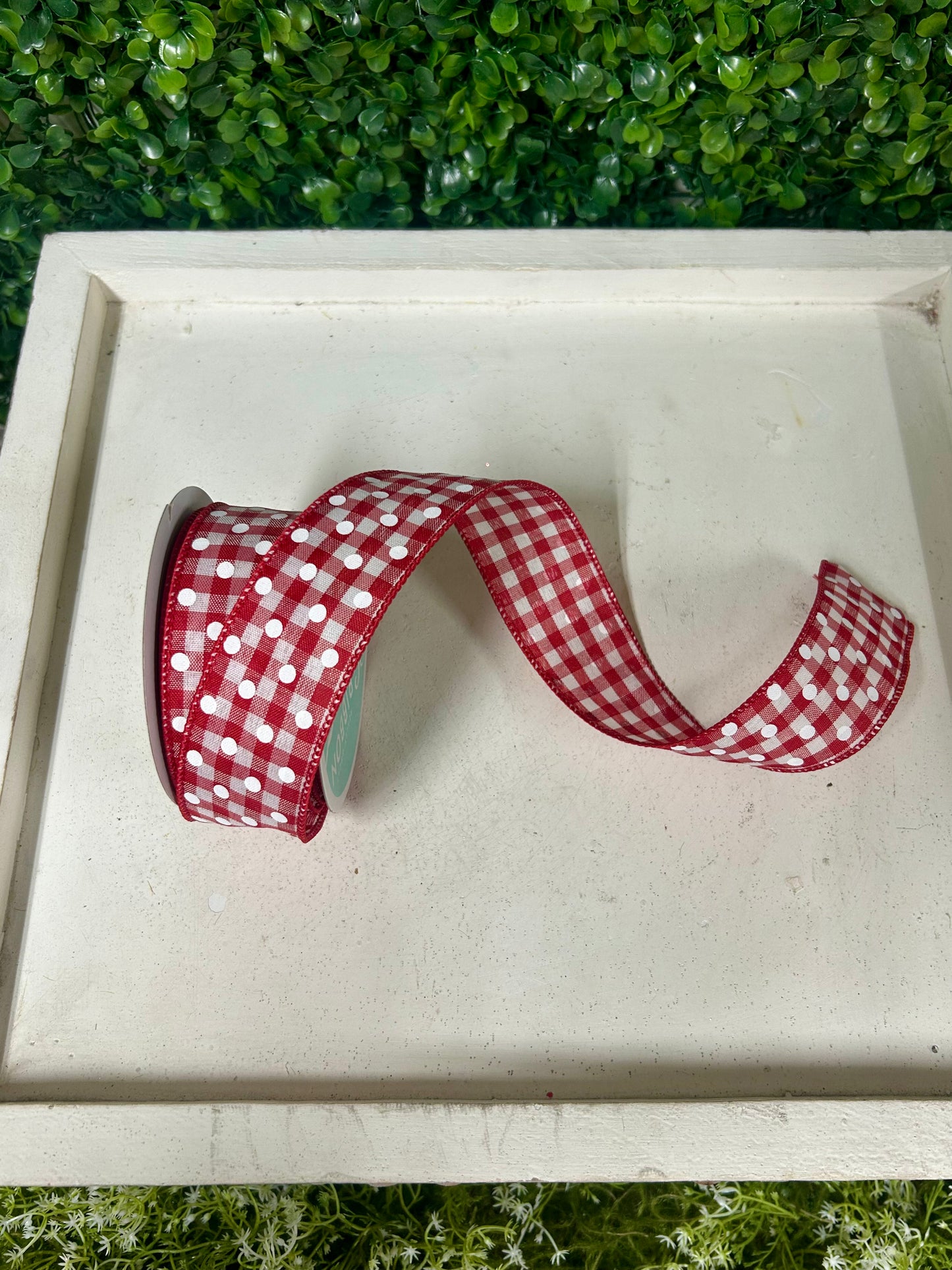 1.5 Inch By 10 Yard Red And White Small Polka Dots On Gingham Check Ribbon