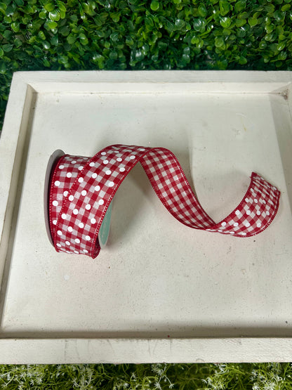 1.5 Inch By 10 Yard Red And White Small Polka Dots On Gingham Check Ribbon