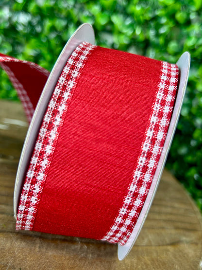 1.5 Inch By 10 Yard Red And White Faux Dupioni Mini Gingham Edge Ribbon