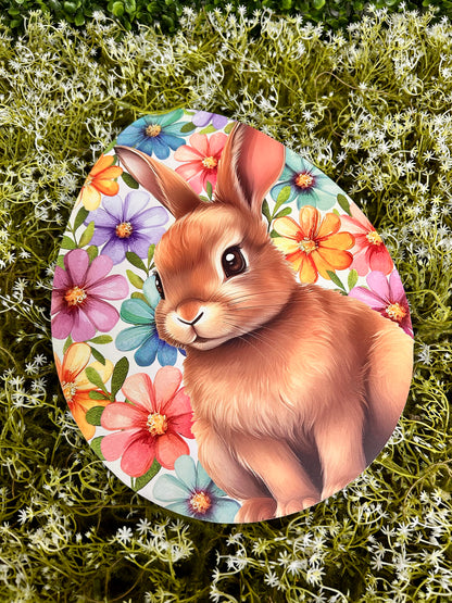 12 Inch Bunny With Flowers Egg Shaped Wood Sign