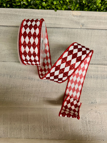 1.5 Inch By 10 Yard Red And White Glitter Harlequin Ribbon