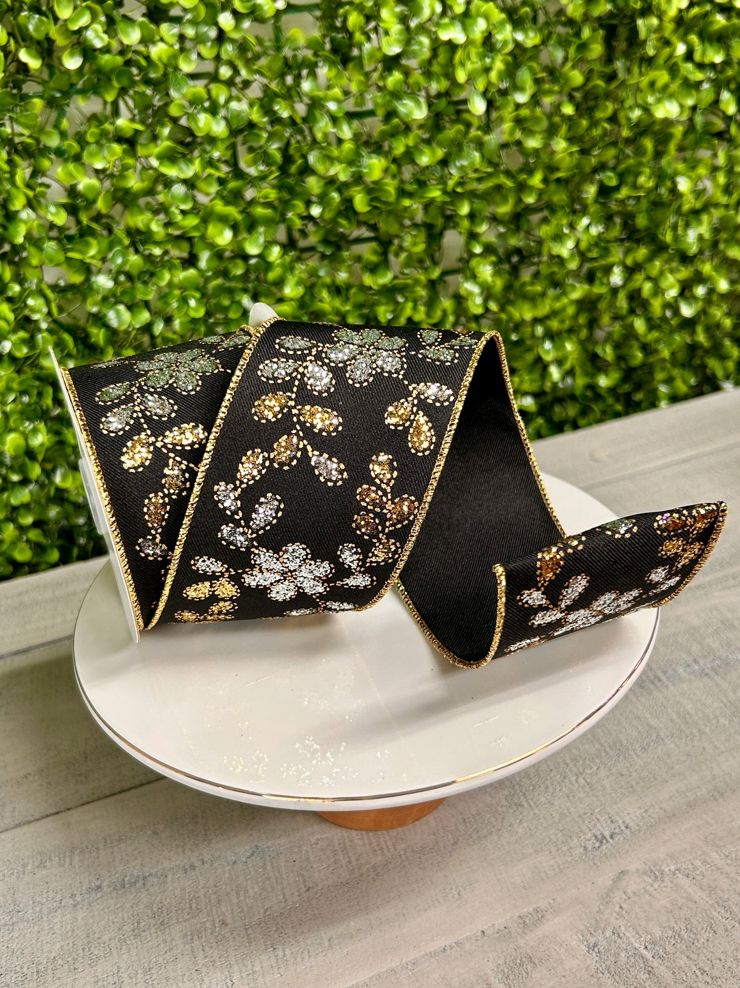 2.5 Inch By 10 Yard Gold Leaves With Silver Flowers Ribbon