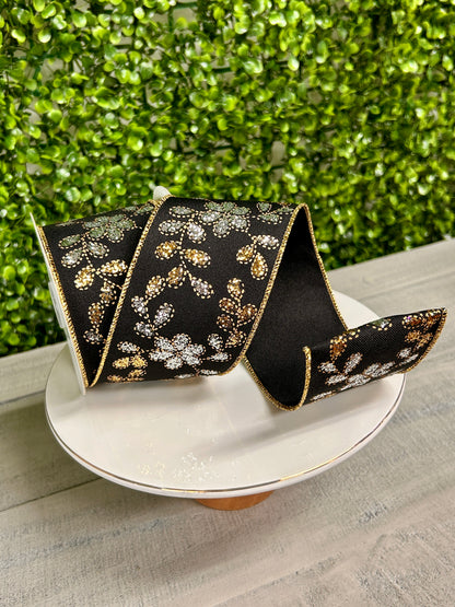 2.5 Inch By 10 Yard Gold Leaves With Silver Flowers Ribbon