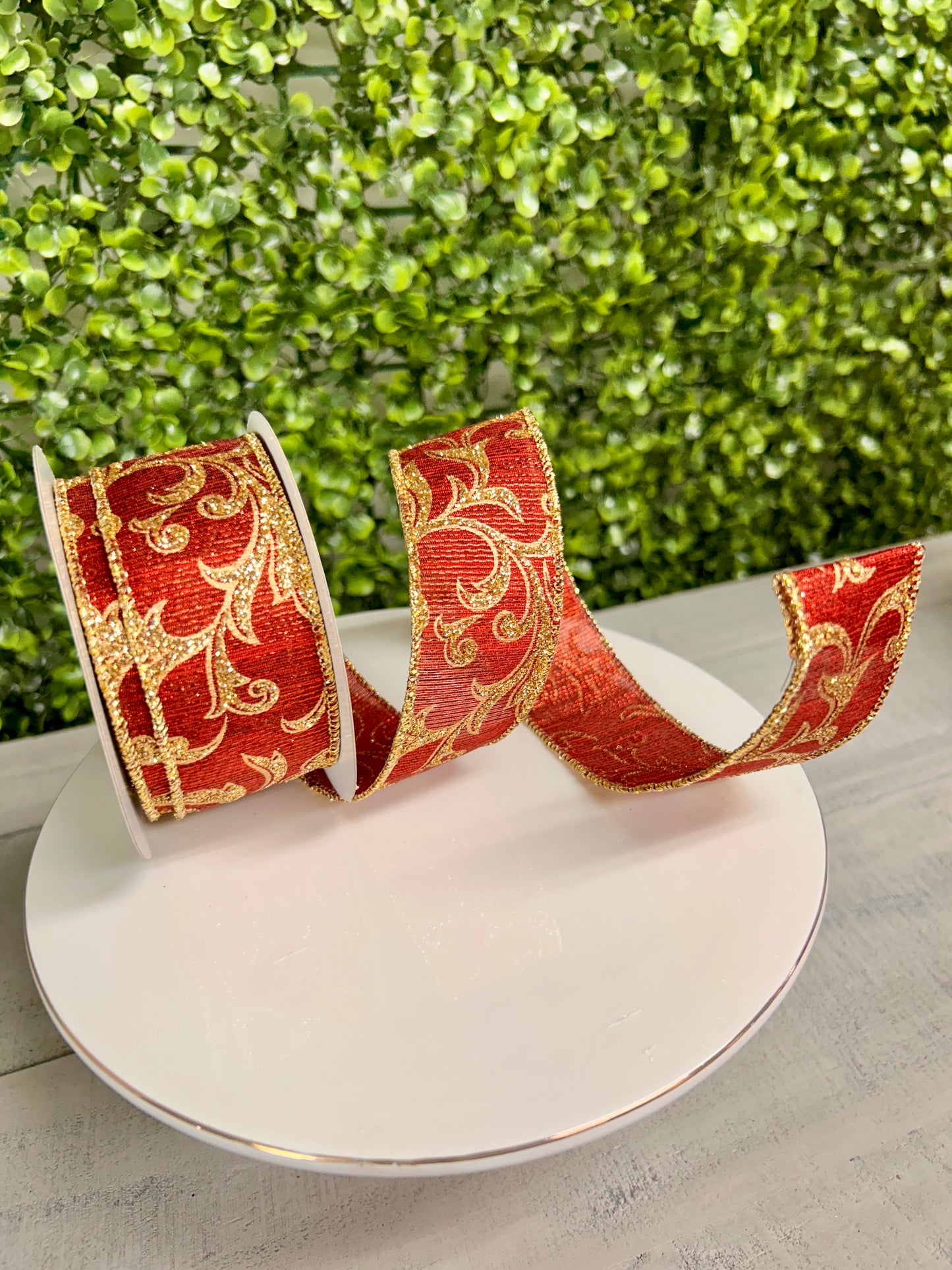 1.5 Inch Burgundy And Gold Acanthus Leaf Metallic Ribbon