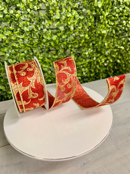1.5 Inch Burgundy And Gold Acanthus Leaf Metallic Ribbon