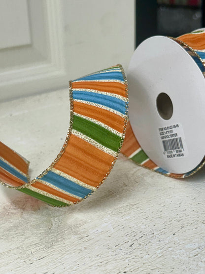1.5 Inch By 10 Yard Rust Blue Moss And Gold Glitter Painted Stripes Ribbon