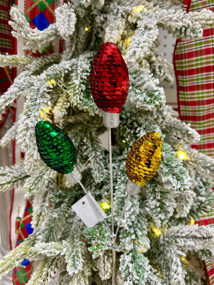 11 Inch Red Emerald Green And Gold Styrofoam Sequin Light Bulb Pick