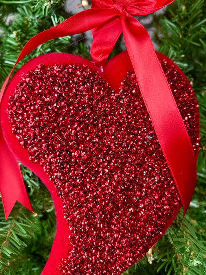 7 Inch Glitter Flocked Heart Ornament Two Styles